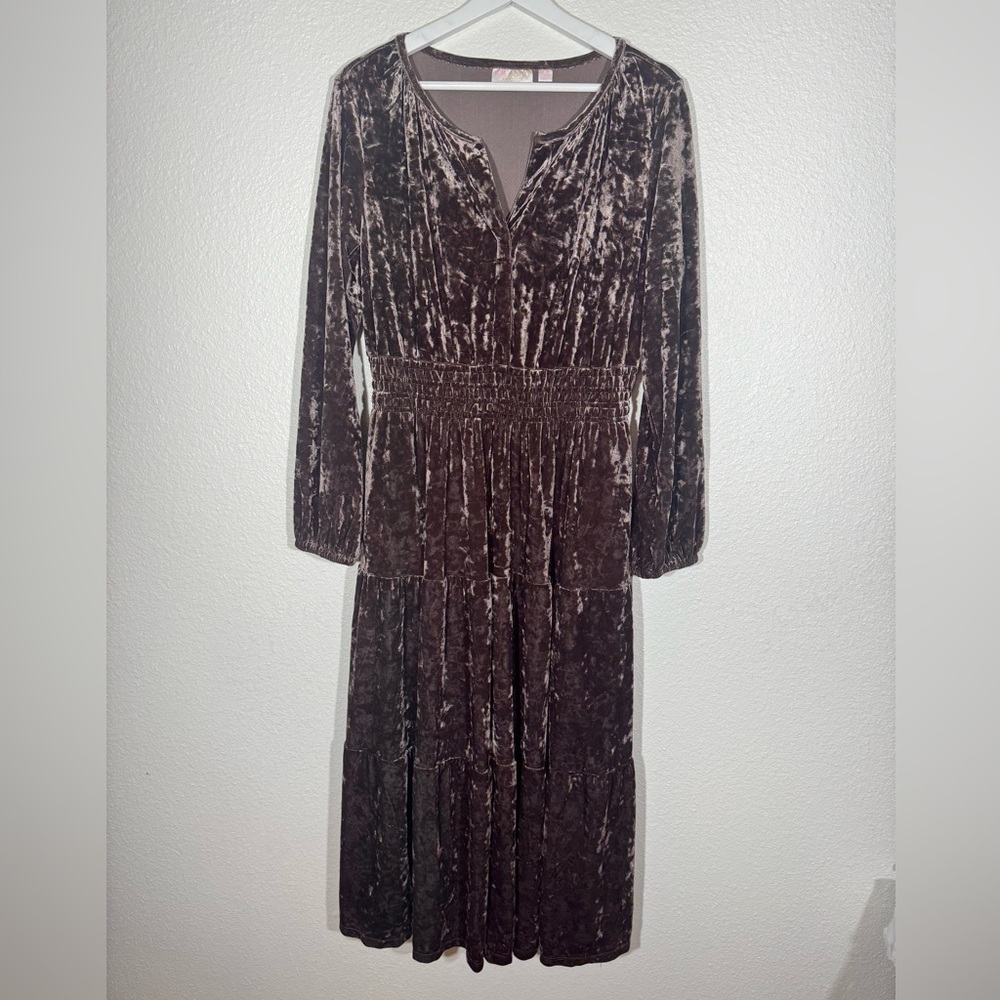 Belle Boho by Kim Gravel Crushed Velvet Tiered Maxi Dress in Espresso - Picture 2 of 9